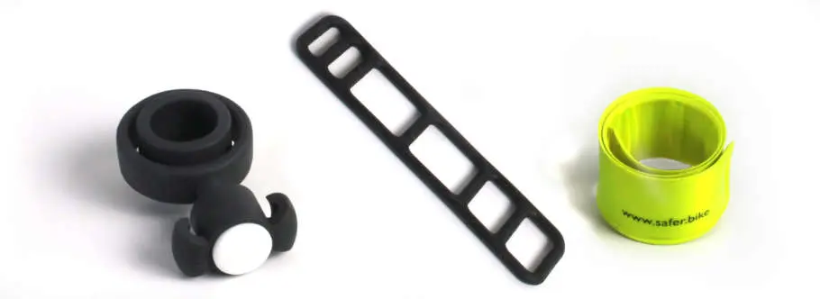 3-teiliges Set des Safety Spacer Snap Band,  der Fahrrad Abstandshalter, bestehend aus Halterung, reflektierendem Schnappband und Silikonband.
